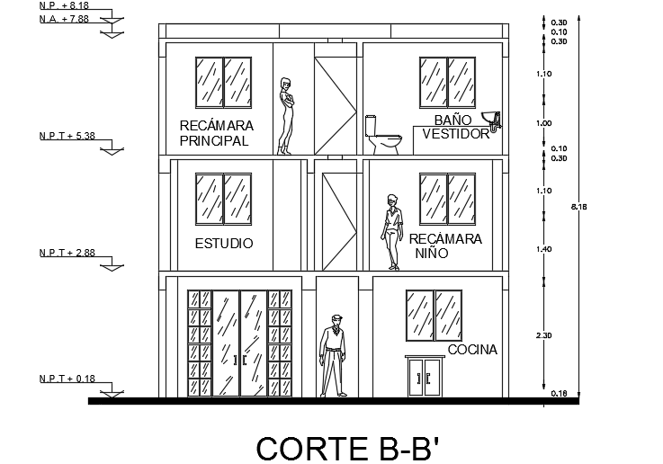 A section BB view of the 7x11m three story house building AutoCAD drawing