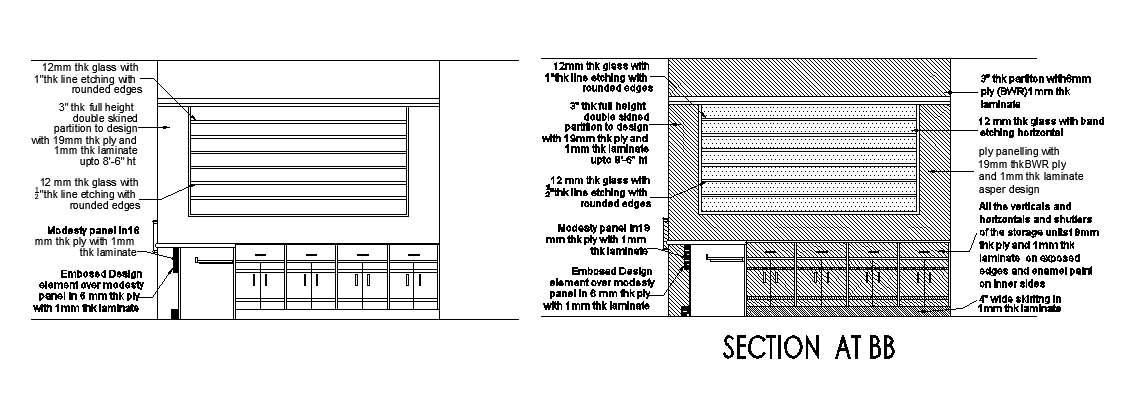 A section CC of the storage unit view of the officers & clerical tables are given in this AutoCAD drawing model. Download now.