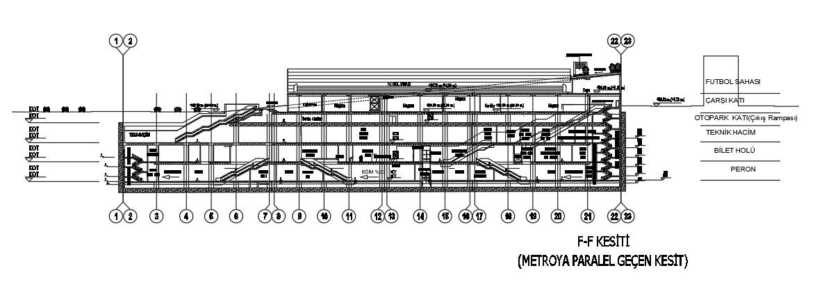 A section FF view of the 171x142m hotel plan of comb lift automatic car parking is given in this AutoCAD drawing model. Download now.