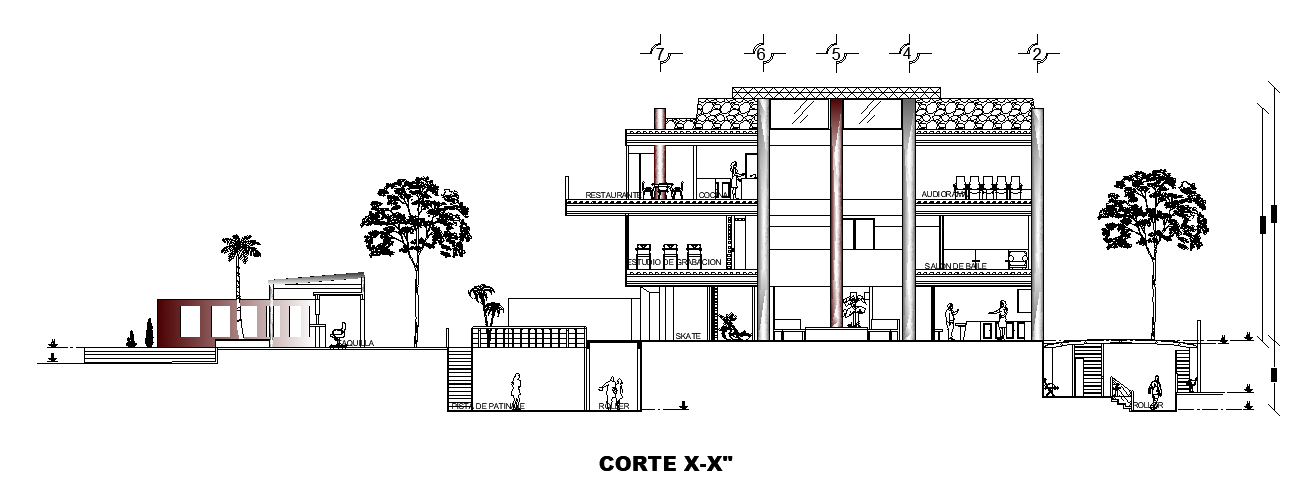 A section XX view of the 20x18m club house building is given in this AutoCAD drawing model.Download now.