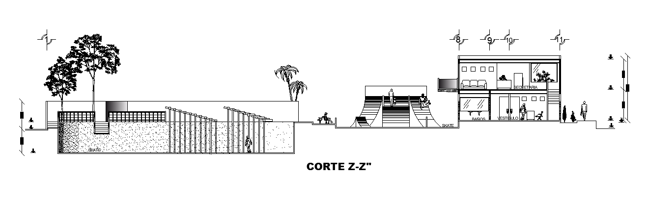 A section ZZ view of the 20x18m club house building is given in this AutoCAD drawing model. Download now.
