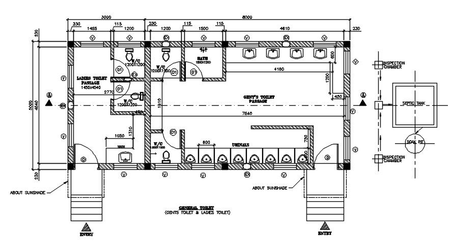 A section and elevation detail of general toilet plan has given in the Autocad DWG drawing file. Download the AutoCAD drawing file.