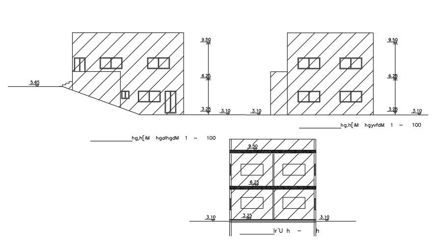 A section and elevation view of the 10x8m house buildings