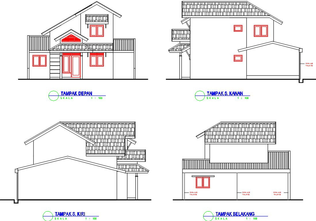 A section and elevation view of the duplex house building