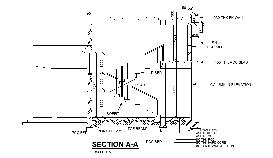 A section detail of the 1BHK house plan is given in this 2D Autocad DWG drawing file. Download the Autocad drawing file.