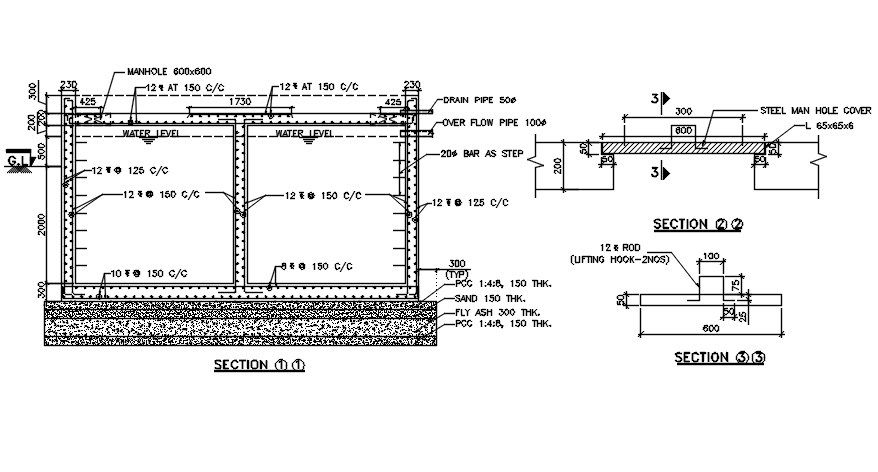 A section detail of underground water tank is given in this Autocad 2D DWG drawing file. Download the Autocad DWG drawing file.