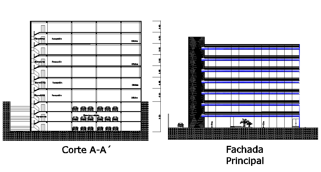 A section & elevation view of 28x22m office building is given in this Autocad drawing file. Download the Autocad model.