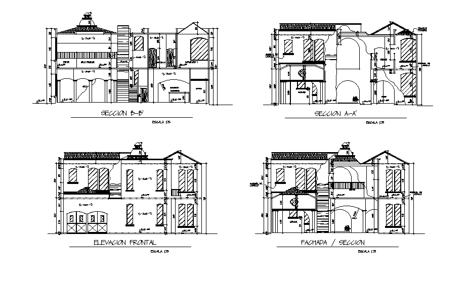 A section & elevation view of Ground and first floor of the house building has been given in this Autocad drawing file.Download now.