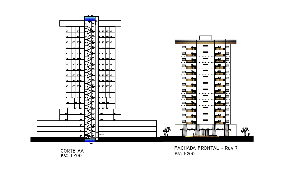 A section view and elevation of 15x14m multi functional hall plan is given in this Autocad drawing file.
