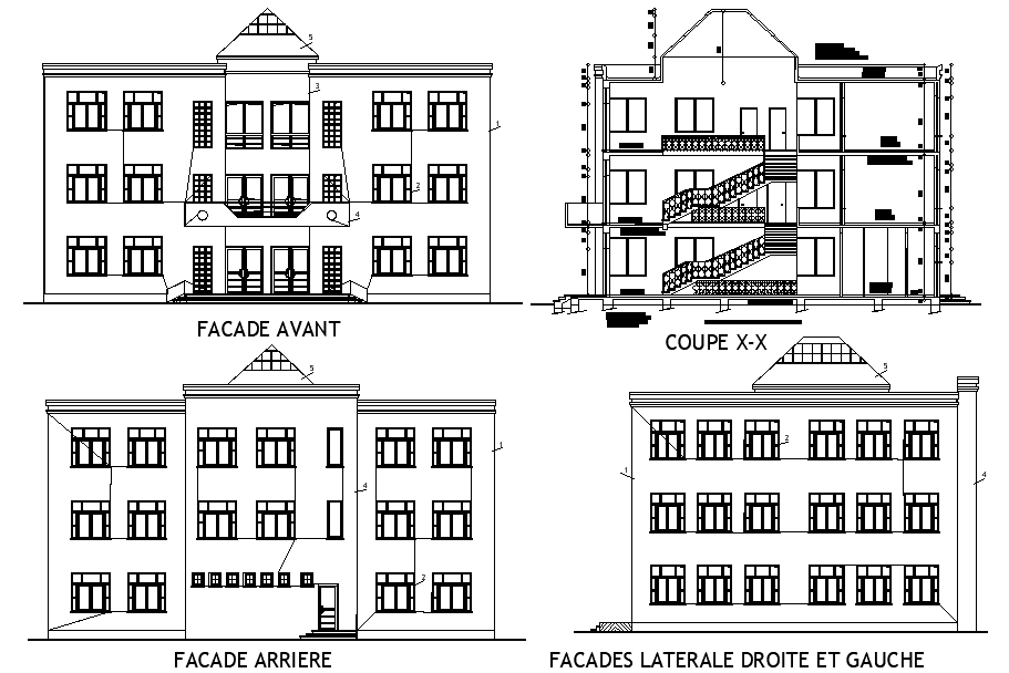 A section view and elevation of 23x17m college building is given in this Autocad drawing file.Download the Autocad model..
