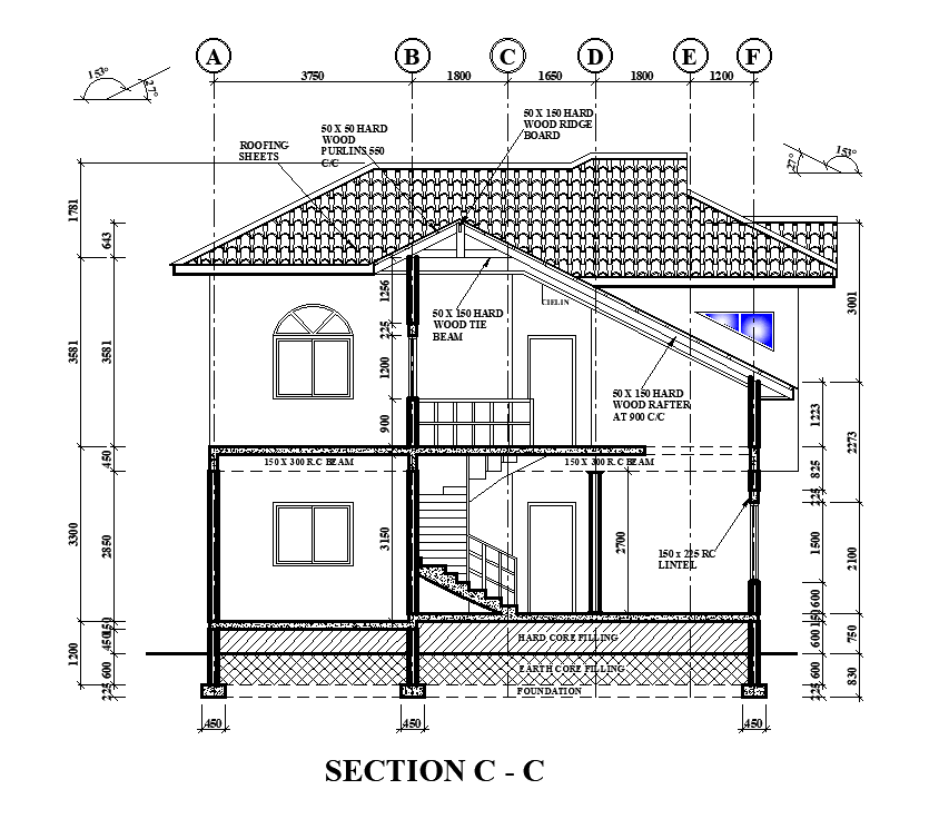 A section view of 10x15m Ground & first floor of house plan is given in this Autocad drawing file. Download now.