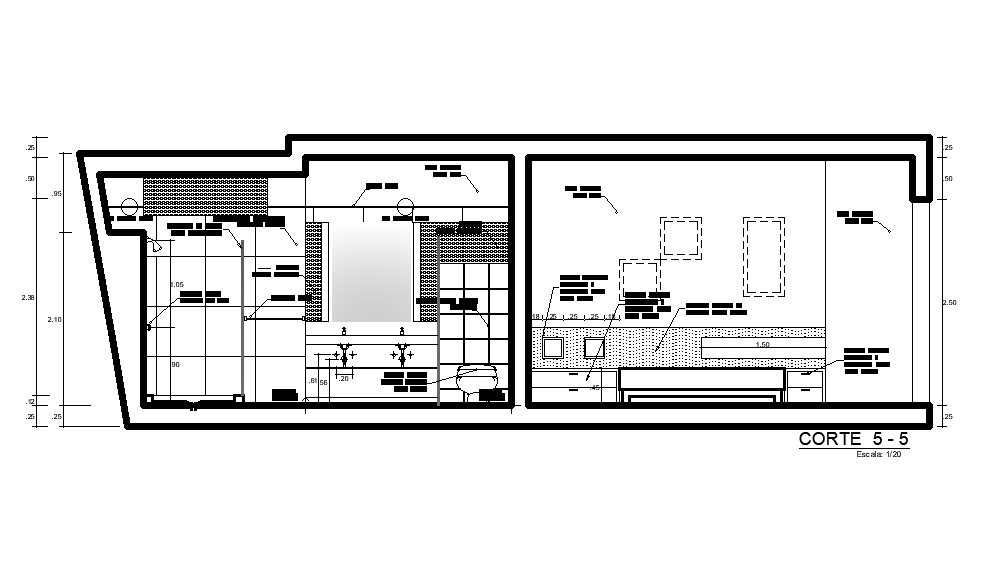 A section view of 10x4m bedroom cum toilet plan is given in this Autocad drawing file. Download now.