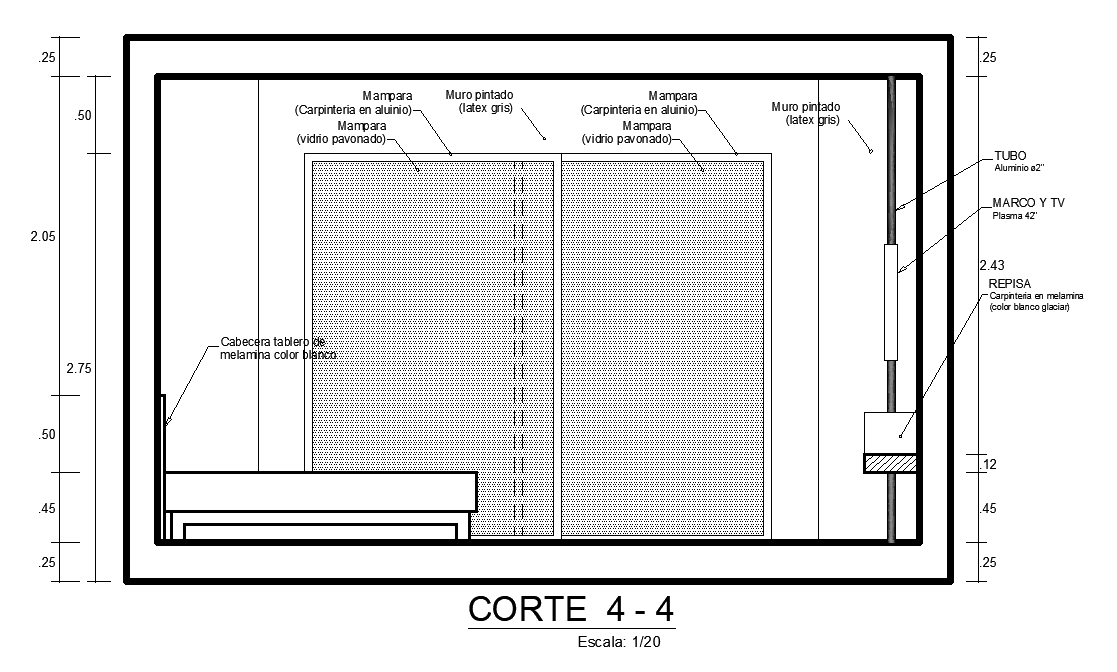 A section view of 10x4m bedroom look is given in this Autocad drawing file.Download now.