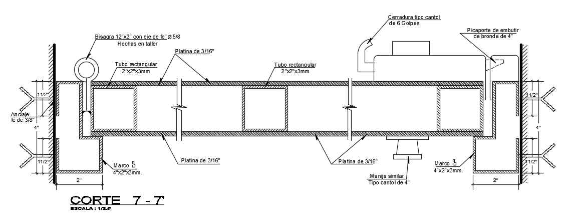 A section view of 1.1x2.1m armored door plan is given in this Autocad drawing file.Download the Autocad model.