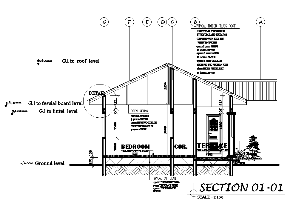 A section view of 12x13m ground floor house plan is given in this Autocad drawing file. Download now.