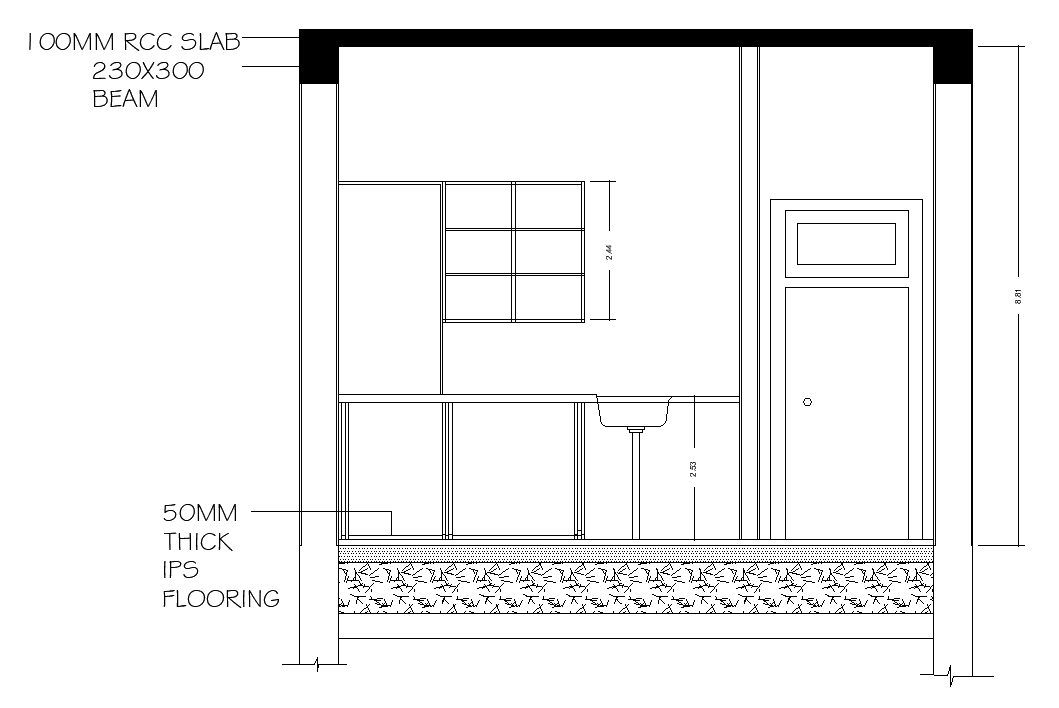 A section view of 12x8m house plan of kitchen view is given in this AutoCAD model. Download now.