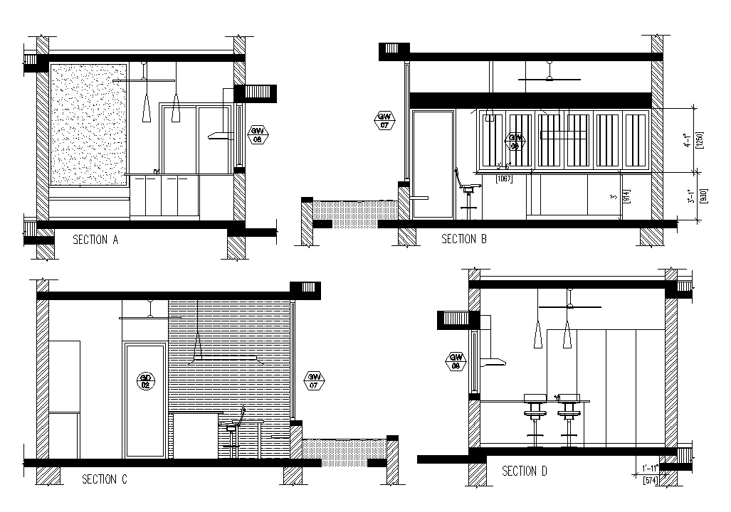 A section view of 14’x23’ kitchen building is given in this Autocad drawing file. Download now.