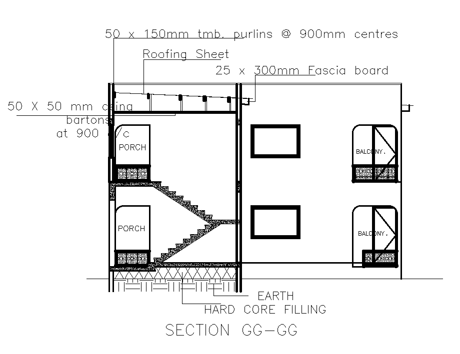 A section view of 17x11m ground floor twin house plan is given in this Autocad drawing file. Download now.