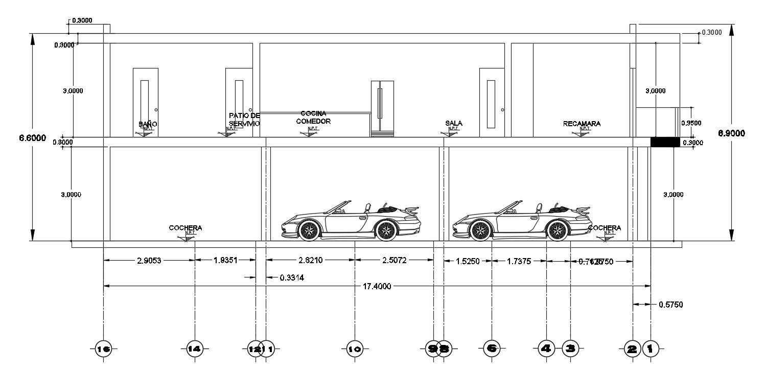 A section view of 17x7m house building is given in this Autocad drawing file. Download load the Autocad 2D file.
