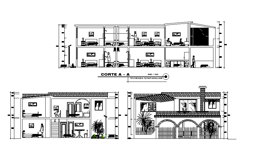 A section view of 18x11m house plan is given in this Autocad drawing file. Download now.