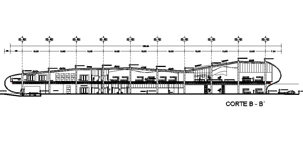 A section view of 190x118m shopping centre plan is given in this Autocad drawing file. Download now.