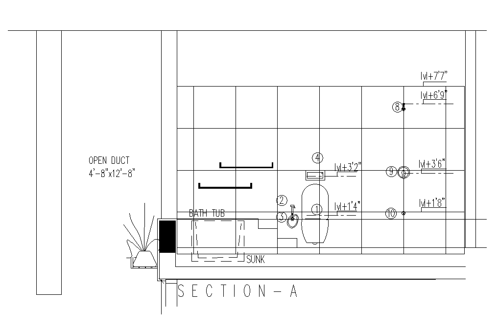 A section view of 20’x14’ bathroom is given in this AutoCAD drawing file.Download now.