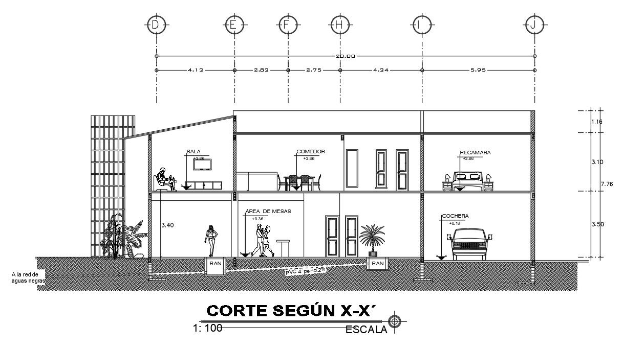 A section view of 20x15m house building is given in this Autocad drawing file. Download now.