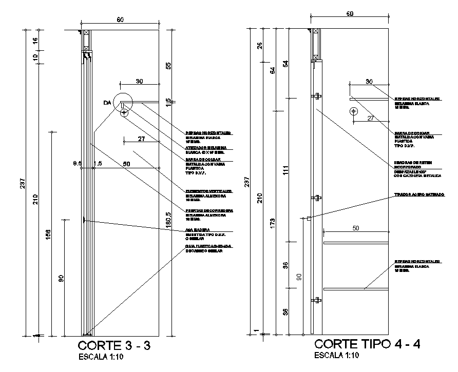 A section view of 2100x600mm closet is given in this AutoCAD drawing model. Download now.