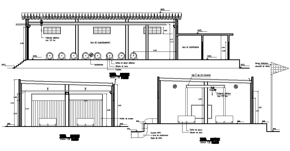 A section view of 23x10m warehouse plan is given in this Autocad drawing file.Download now.