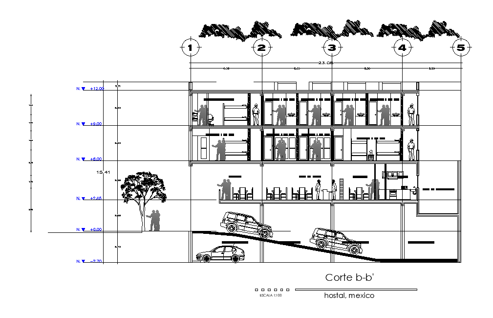 A section view of 23x23m hostel building is given in this AutoCAD drawing model. Download now.