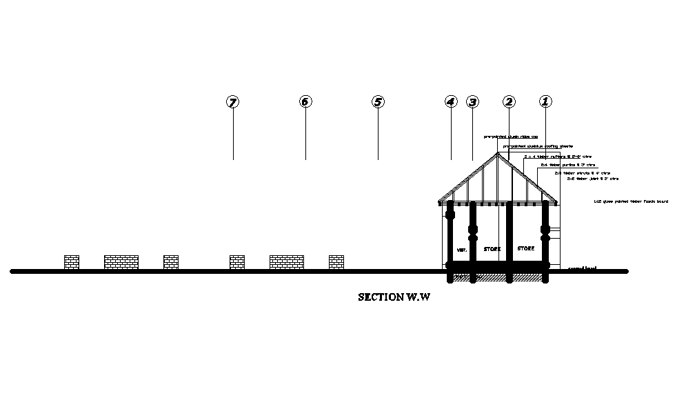 A section view of 25x39m shopping complex plan is given in this Autocad drawing file. Download now.