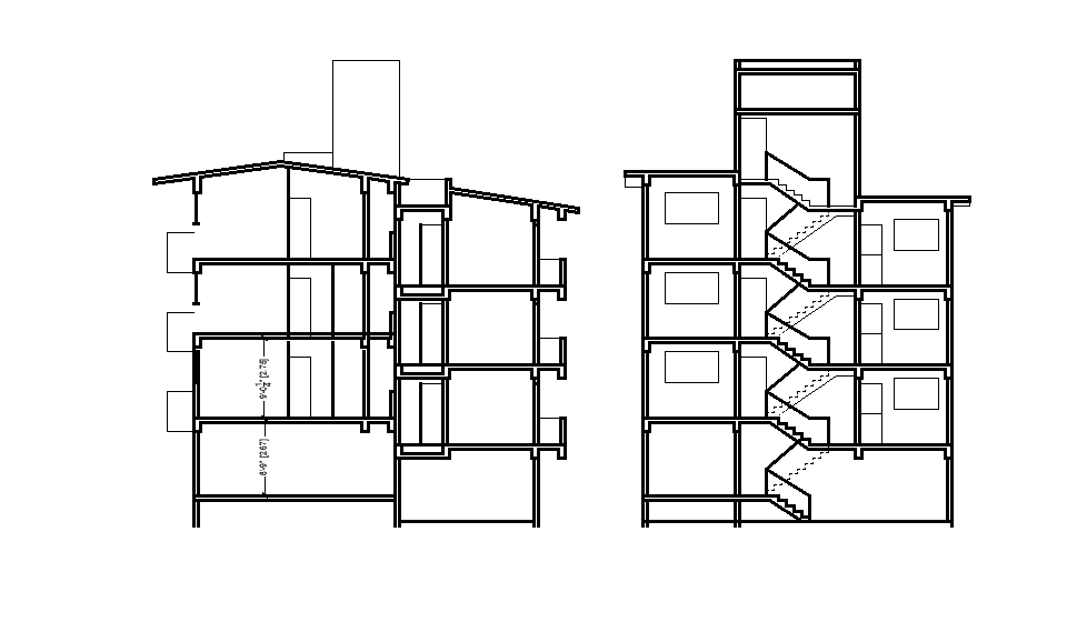 A section view of 27’x58’ row house building is given in this Autocad drawing file. Download now.