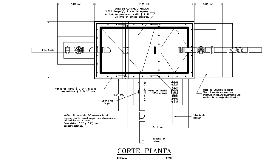 A section view of 2x1m pipe line structure is given in this Autocad drawing file. Download now.