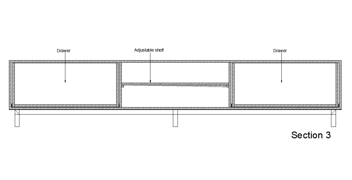 A section view of 3000x500mm counter desk is given in this AutoCAD drawing model. Download now.