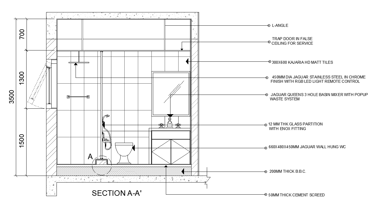A section view of 3400x2400mm bathroom is given in this AutoCAD model. Download now.