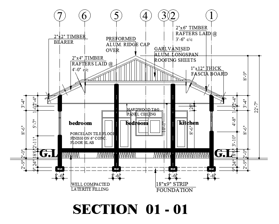 A section view of 34’x44’ house plan is given in this Autocad drawing file. Download the 2D Autocad file.