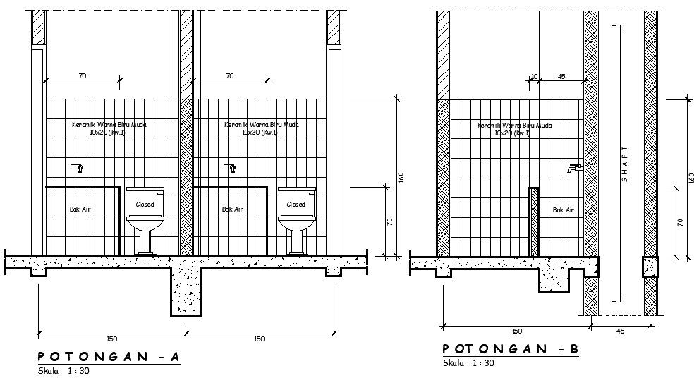 A section view of 3x2.5m toilet room building is given in this Autocad drawing file.Download the Autocad model.