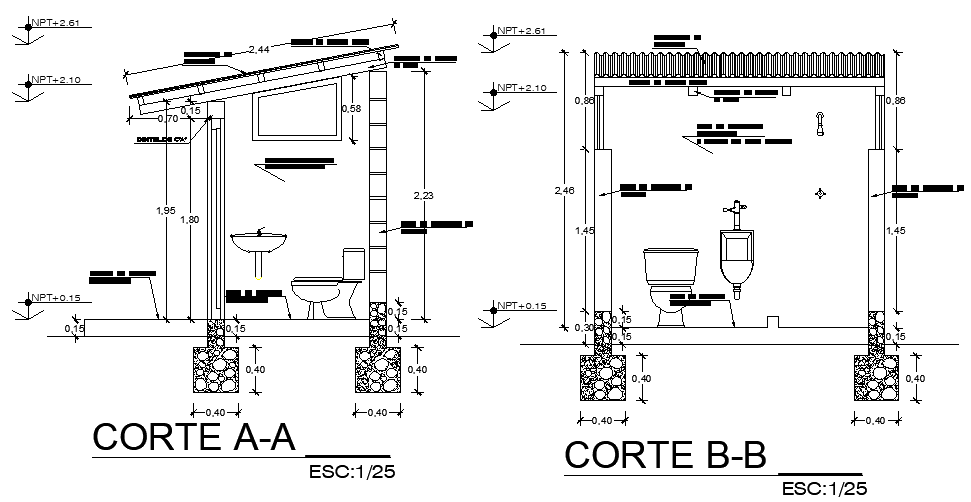 A section view of 3x3m bathroom building is given in this Autocad drawing file. Download now.