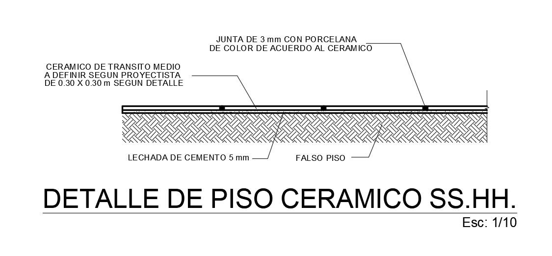 A section view of 3’x3’ toilet ceramic floor plan is given in this AutoCAD drawing model.Download now.