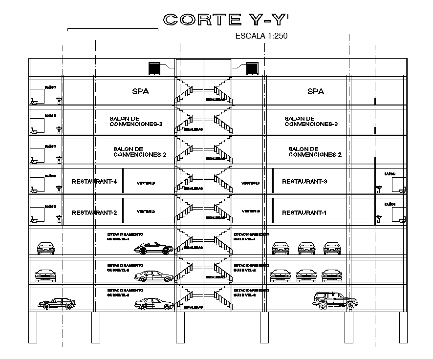 A section view of 40x30m hotel building is given in this AutoCAD drawing model.Download now.