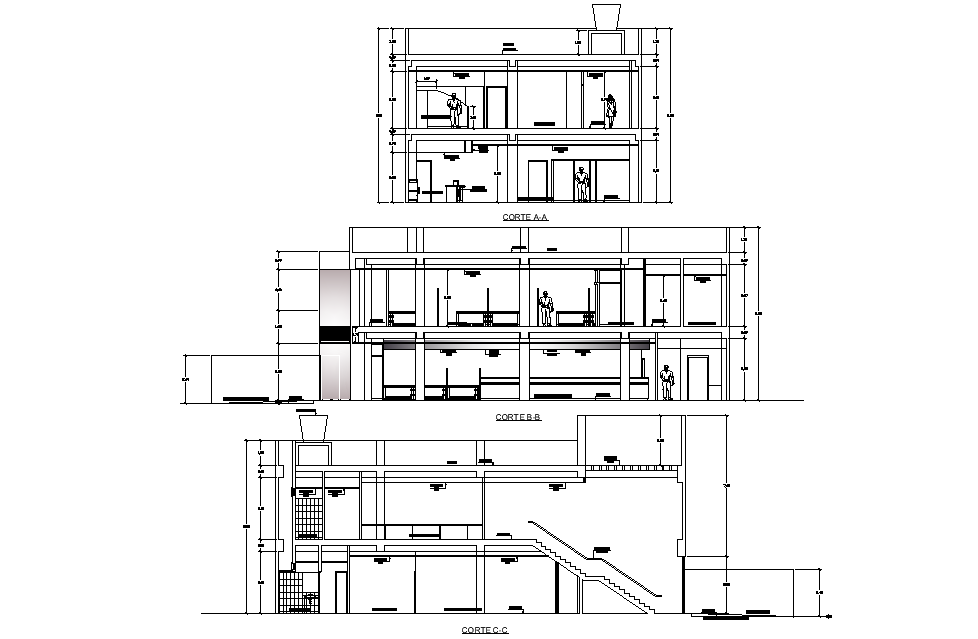A section view of 43x23m bank building is given in this Autocad drawing file.Download the Autocad model.