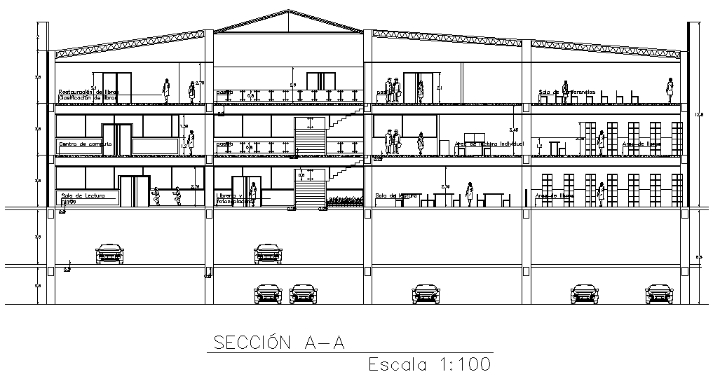 A section view of 45x27m college building is given in this AutoCAD drawing file.Download the Autocad model.