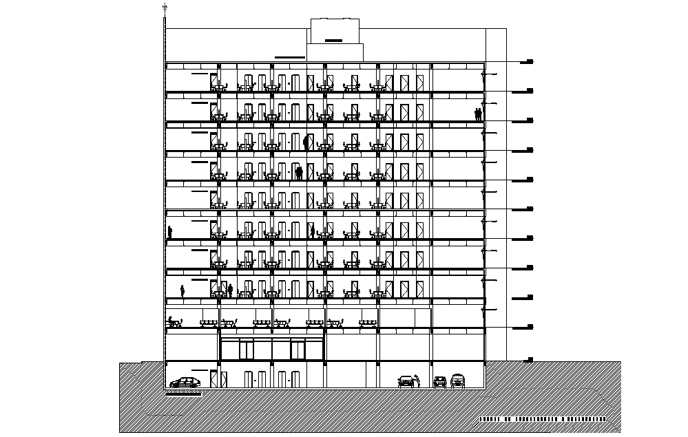 A section view of 46x20m office building is given in this Autocad drawing file.Download now.