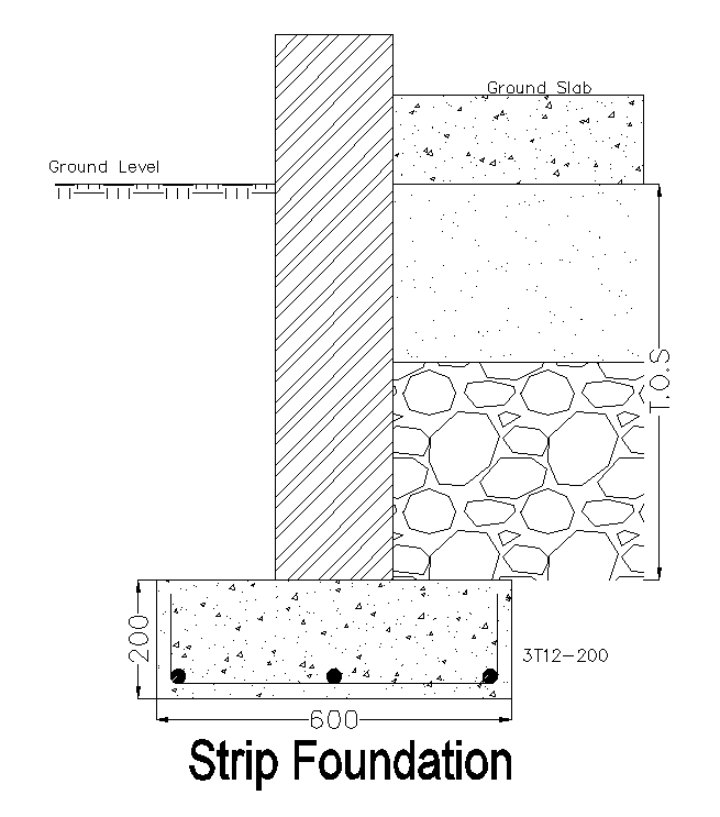 A section view of 46’x38’ house plan of strip foundation is given in this AutoCAD model. Download now.