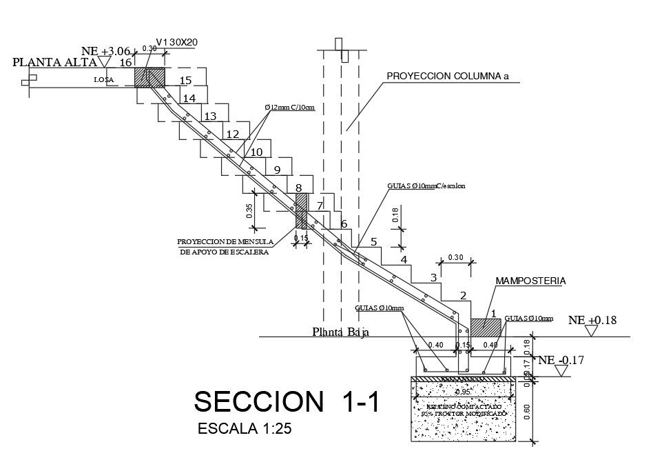 A section view of 4m length of staircase is given in this Autocad drawing file.Download the Autocad model.