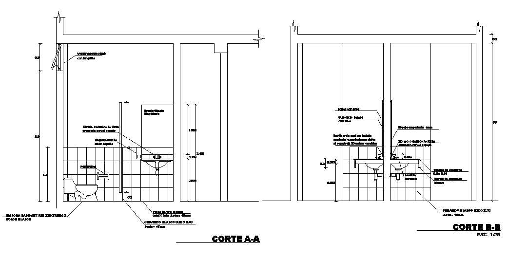A section view of 4x3m municipal office toilet building is given in this Autocad drawing file.Download now.