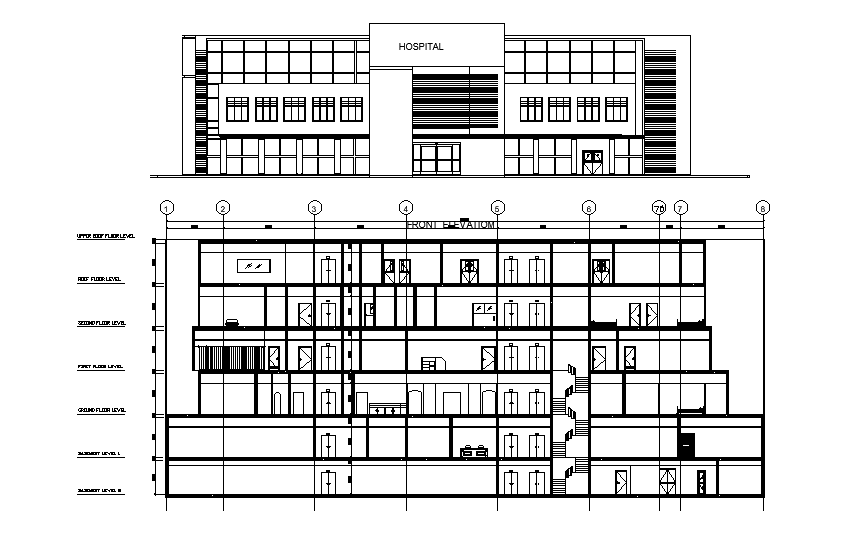 A section view of 55x41m hospital plan is given in this Autocad drawing model. Download now.