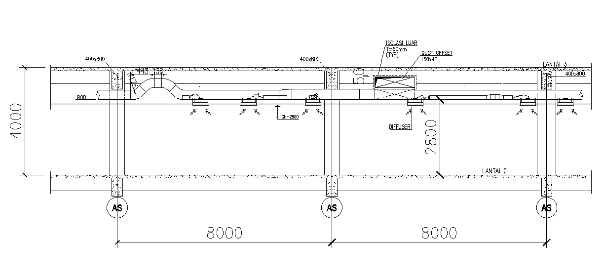 A section view of 70x110m hospital plan of air duct is given in this AutoCAD model.Download the Autocad model.