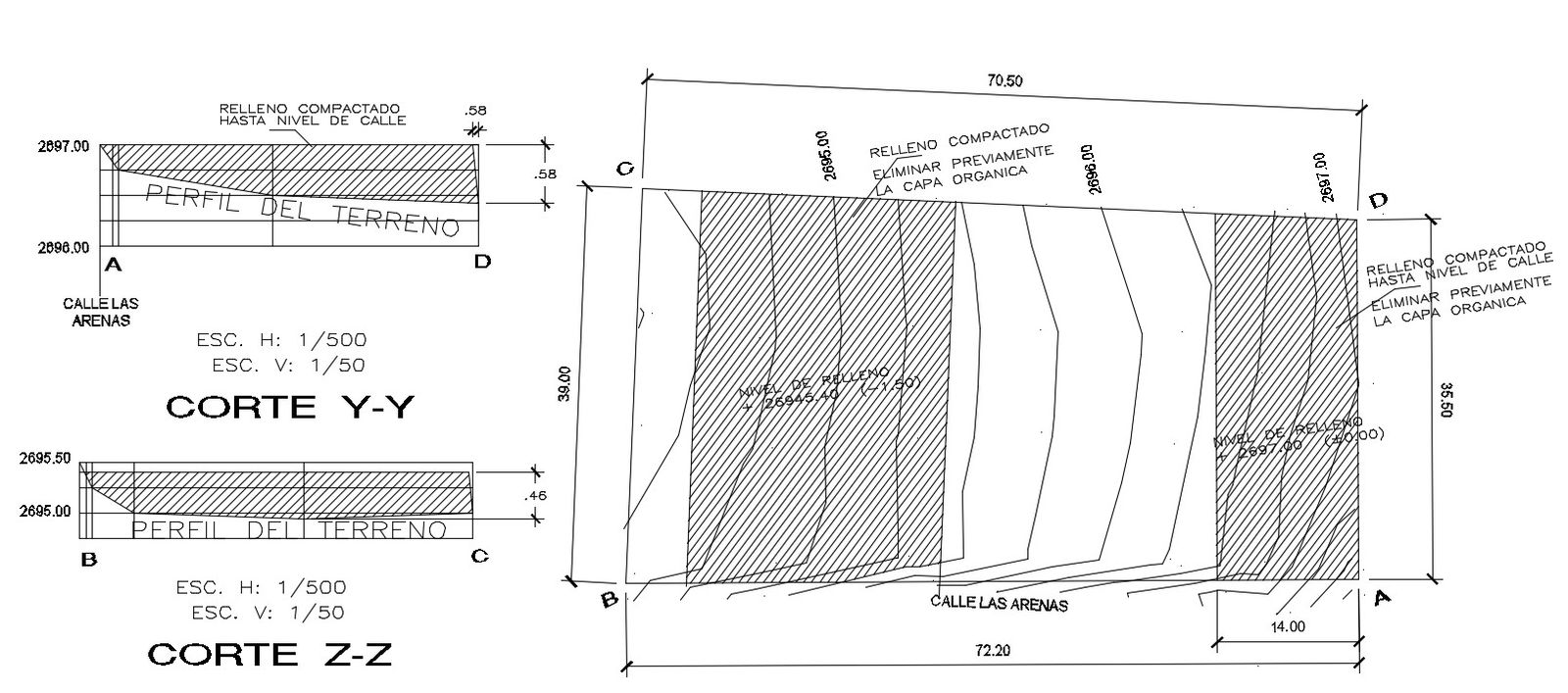 A section view of 72x39m topographic plan is given in this AutoCAD drawing model.Download now.