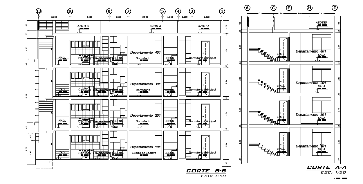 A section view of 7x20m house building has been given in this Autocad drawing file. Download now.